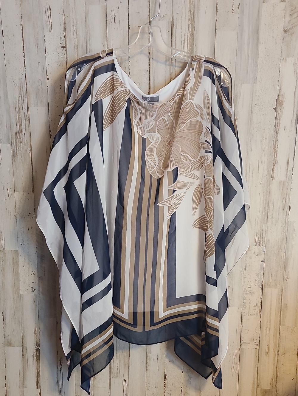 JM Collection Beige, Navy & White Floral-Striped Poncho Top